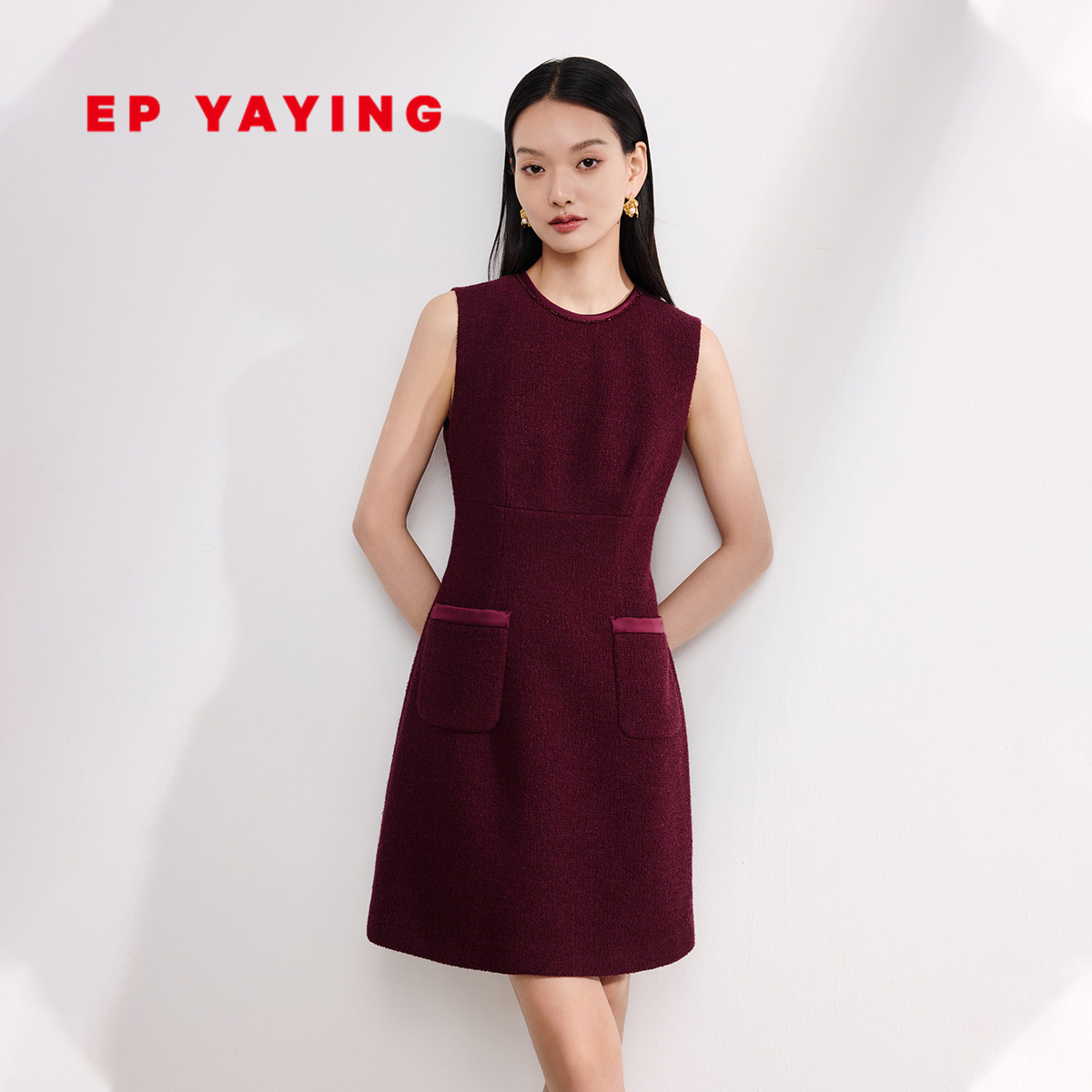EP YAYING雅莹女装 美利奴羊毛花呢无袖连衣裙 商场同款 4107A