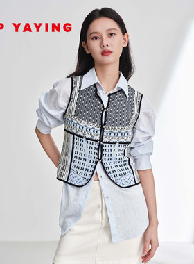 EP雅莹马甲女 棉锦纱提花拼接无袖收腰马甲 2026春夏新款9011A