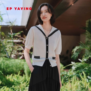 EP雅莹针织开衫女 长绒棉短袖海军领镂空外套 2026春夏新款9137A