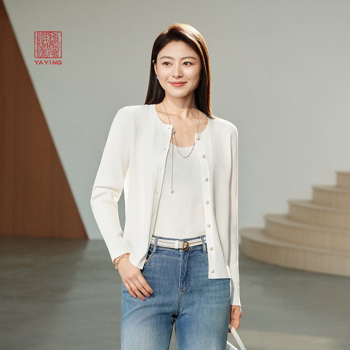 EP雅莹高端系列 镂空肌理圆领丝粘针织开衫 秋冬商场同款9104A