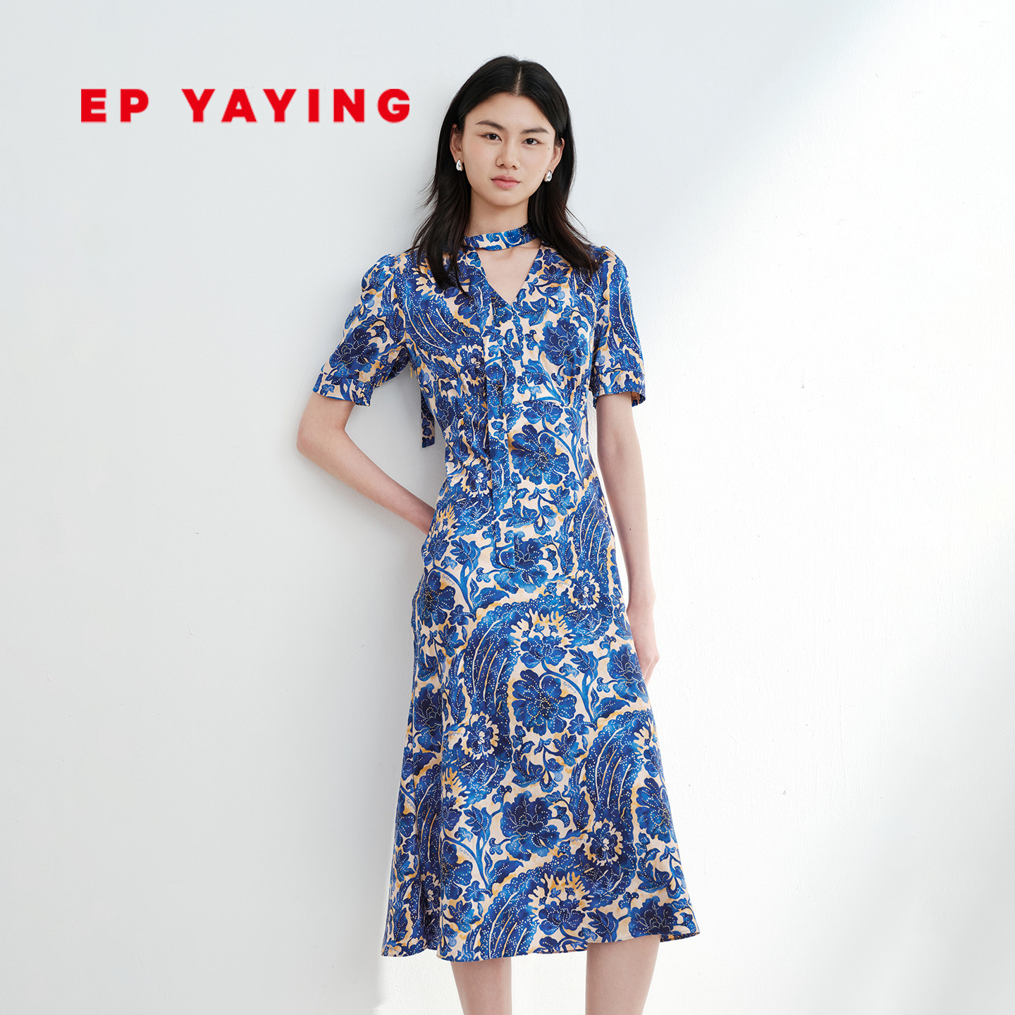 EP雅莹连衣裙女 真丝印花优雅飘带收腰茶歇裙 2026夏季新款4626A