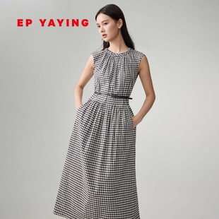 EP雅莹2026春季新款女装 黑白格纹亚麻小飞袖A字显瘦连衣裙4110A