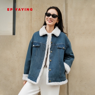 EP雅莹2025秋冬新款 毛领拼接加厚牛仔外套棉衣棉服JM01A 女装