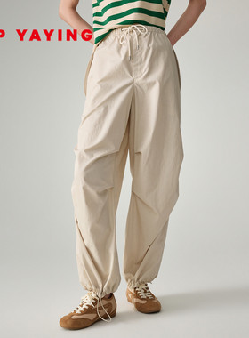 EP雅莹2026春季新款女装 100%棉抽绳褶皱工装裤直筒休闲裤6495A