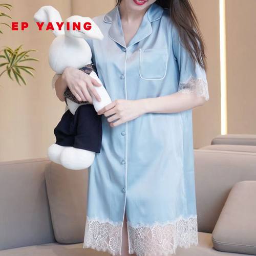 家居服桑蚕丝睡裙衬衫式蕾丝雅莹