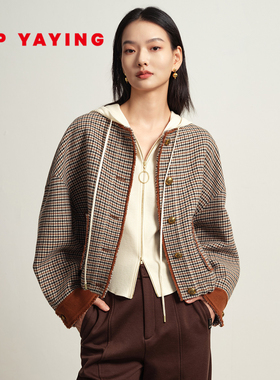 EP YAYING雅莹女装 撞色格纹短款毛呢外套 商场同款 1531A