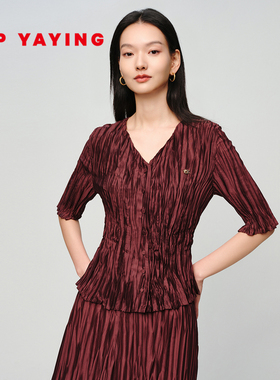 EP雅莹2025春季新款女装 褶艺修身收腰显瘦短袖V领瘦瘦衬衫2248A