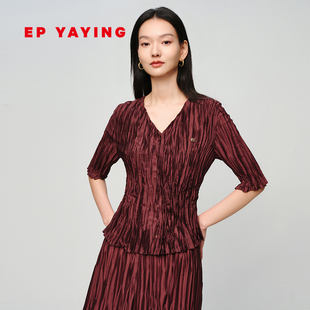 V领瘦瘦衬衫 EP雅莹2025春季 2248A 收腰显瘦短袖 褶艺修身 新款 女装