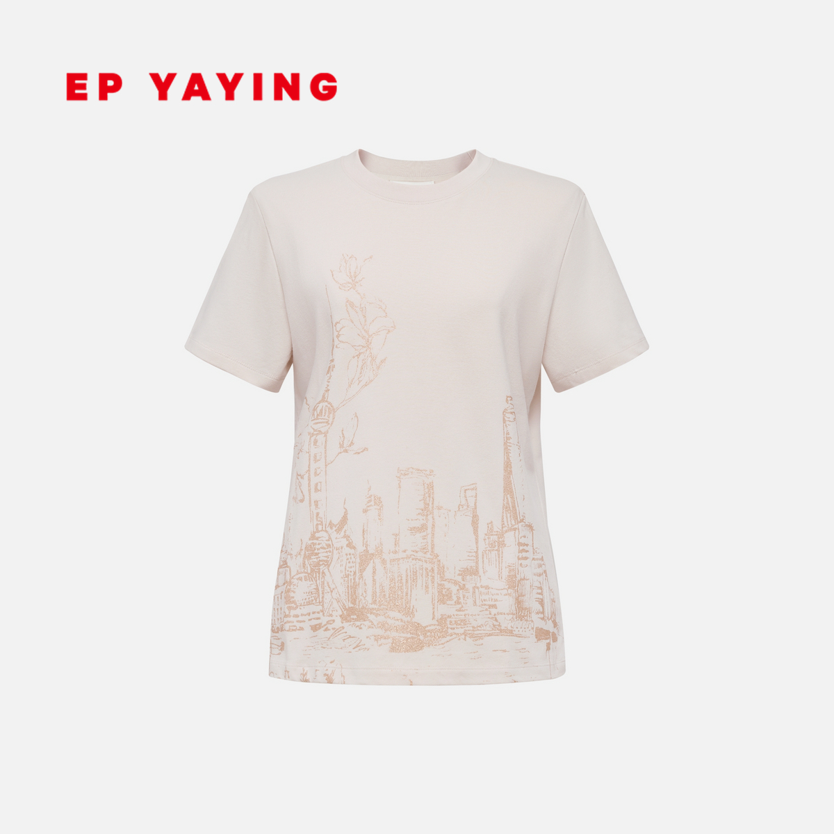 雅莹长绒棉印花圆领修身T恤上衣