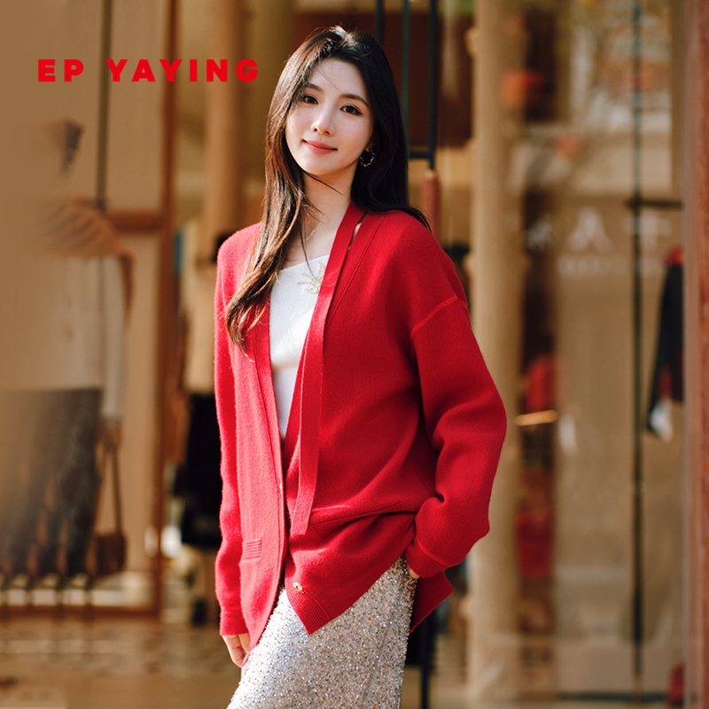 EP雅莹新年羊毛羊绒衫红色毛衣