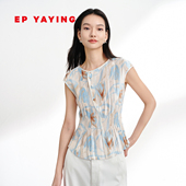 新款 印花压褶H型罩袖 修身 EP雅莹2025夏装 收腰衬衫 T恤小上衣5108A