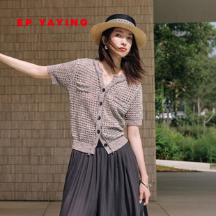 EP雅莹针织开衫女 镂空编织圆领短袖短款上衣 2026春夏新款9102A