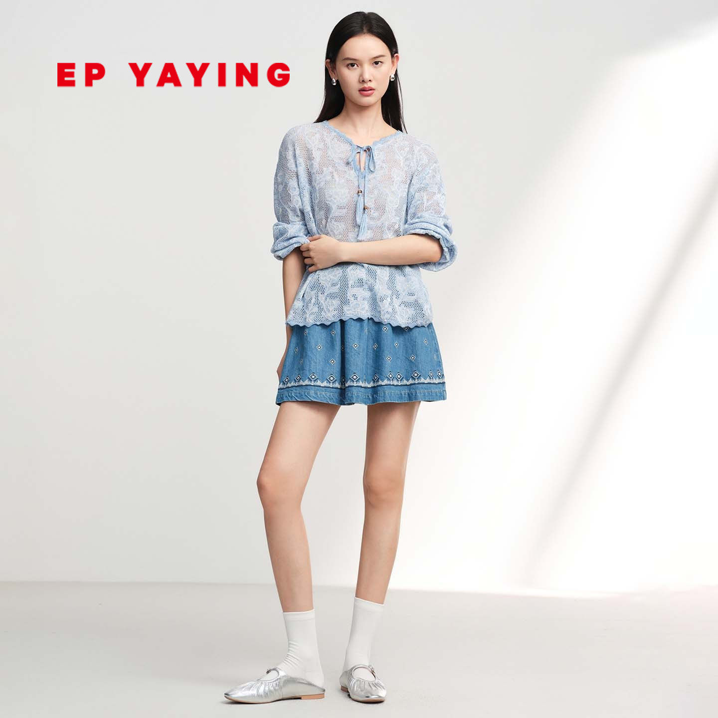 EP雅莹牛仔短裙女 民族风刺绣棉质宽松a字裙 2026春夏新款J308A