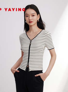 EP YAYING雅莹女装 条纹V领短袖拉链针织开衫 商场同款 9135A