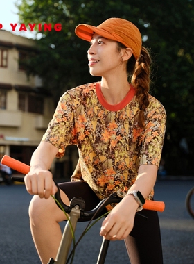 EP雅莹2025早秋新品 复古感印花舒适棉质宽松圆领短袖T恤5307A