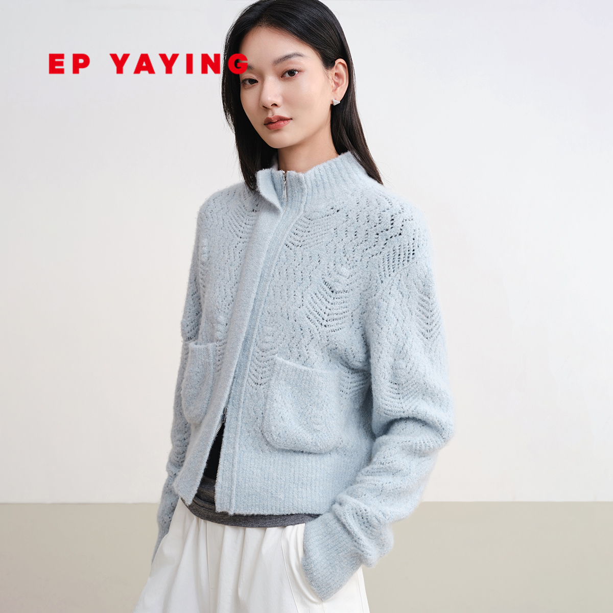 雅莹圈圈纱羊绒衫镂空针织开衫