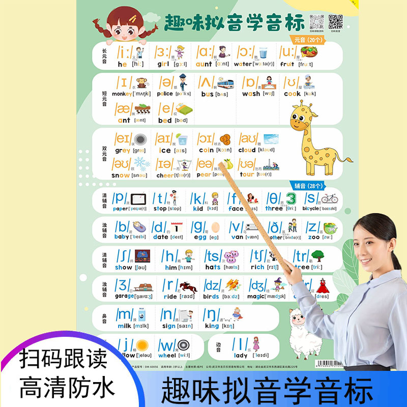 小学生英语音标发音挂图全套趣味谐音零基础学48个国际音标神器