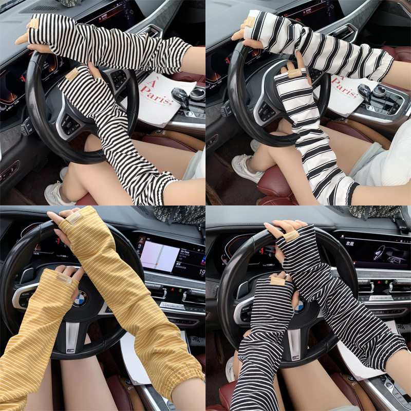防晒袖套纯棉透气宽松条纹长款防