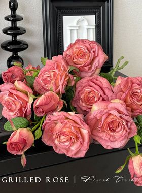 焦边卷边玫瑰花仿真花干枯蓝色月季花欧式复古装饰油画手捧花假花