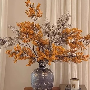 油画雾凇仿真绿植高级惬意感侘寂风干花花束客厅书房插花陶瓷摆件