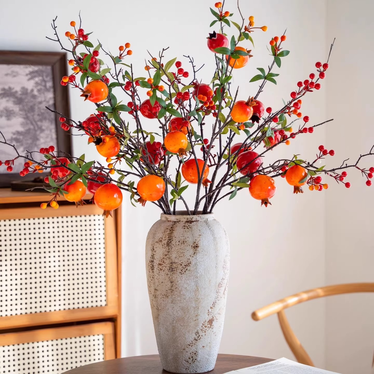 仿真花石榴果装饰摆件客厅餐桌玄关柿子发财果实假花树枝插花束