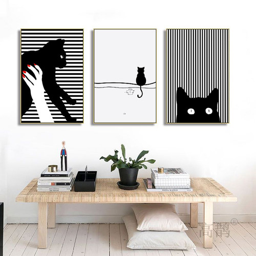 北欧客厅挂画趣味黑白猫咪装饰画