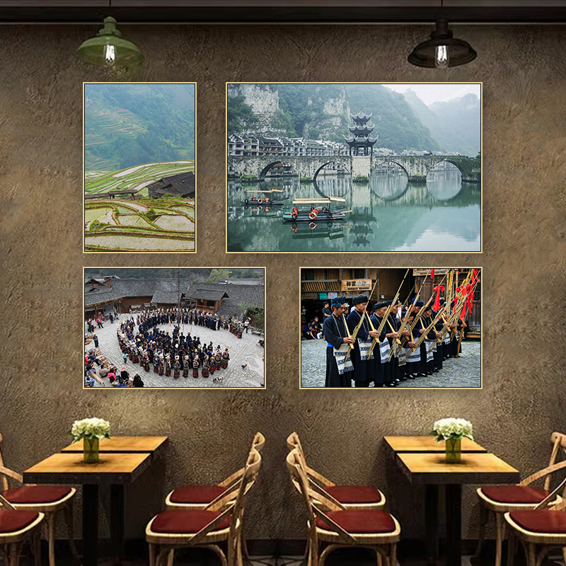贵州装饰画云贵苗寨建筑风景饭店火锅店挂画少数民族苗族特色壁画图片