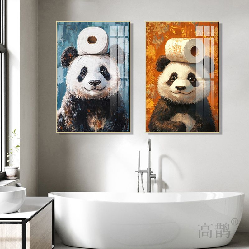 卫生间趣味动物装饰画浴室洗手间墙面小众挂画厕所熊猫浣熊装饰画图片