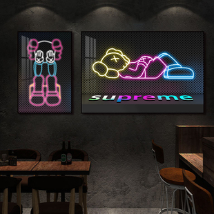 Kaws霓虹灯发光挂画音乐餐吧酒吧墙面装饰画潮流芝麻街奶茶店壁画
