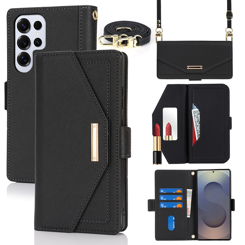 适用S25三星S25+plus手机壳S24皮套带挂脖绳子真皮S25u手机套S25ultra女翻盖式斜跨防摔电话保护套钱包插卡槽