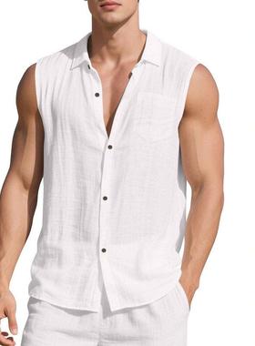 Summer New Men's Shirt Casual Sleeveless Linen Beach Shirt