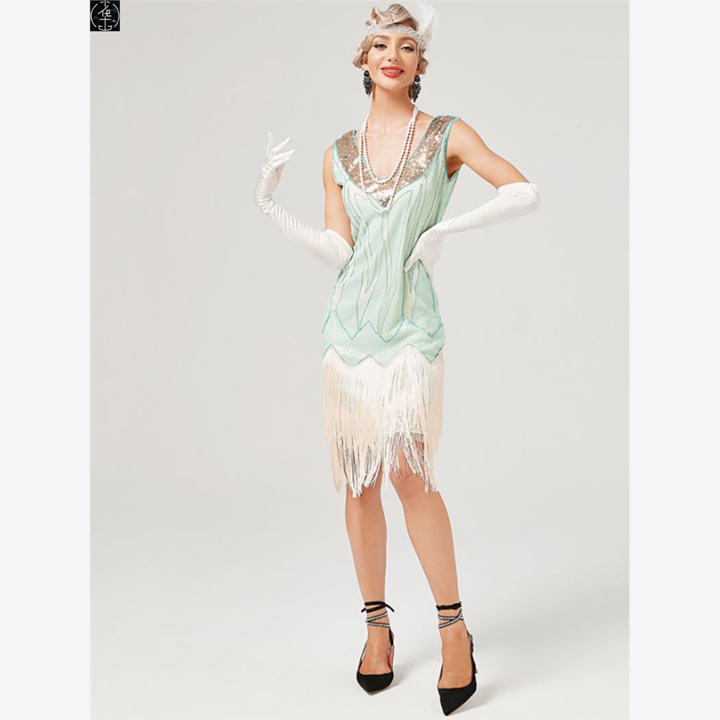 1920s双层流苏礼服裙盖茨比鸡尾酒舞会亮片钉珠连衣裙Flapper Dr