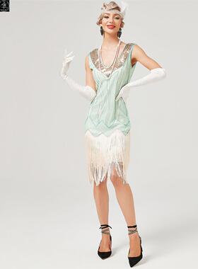 1920s双层流苏礼服裙盖茨比鸡尾酒舞会亮片钉珠连衣裙Flapper Dr