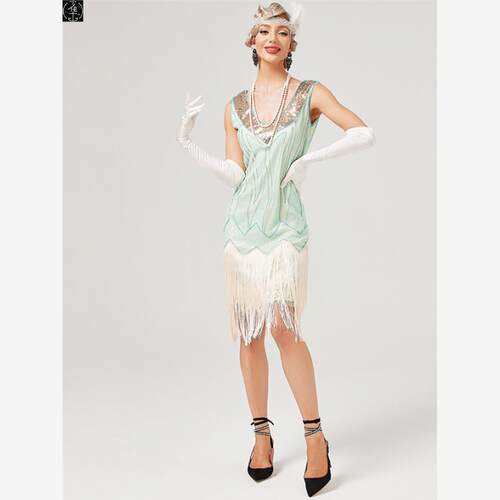 1920s双层流苏礼服裙盖茨比鸡尾酒舞会亮片钉珠连衣裙Flapper Dr