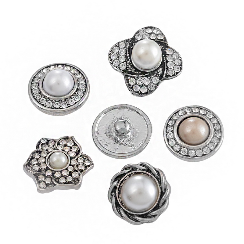 5PCs Mixed Snap Buttons Flower Round Patterns Pearl Rhinesto