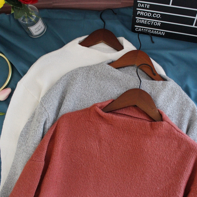 外贸日本 2女士长袖针织毛衣 9分袖落肩打底衫可外穿秋冬保暖