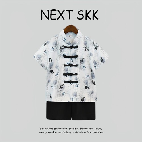 英国NEXT SKK男童新中式礼服国风印花短袖衬衫夏季薄款花童表演服