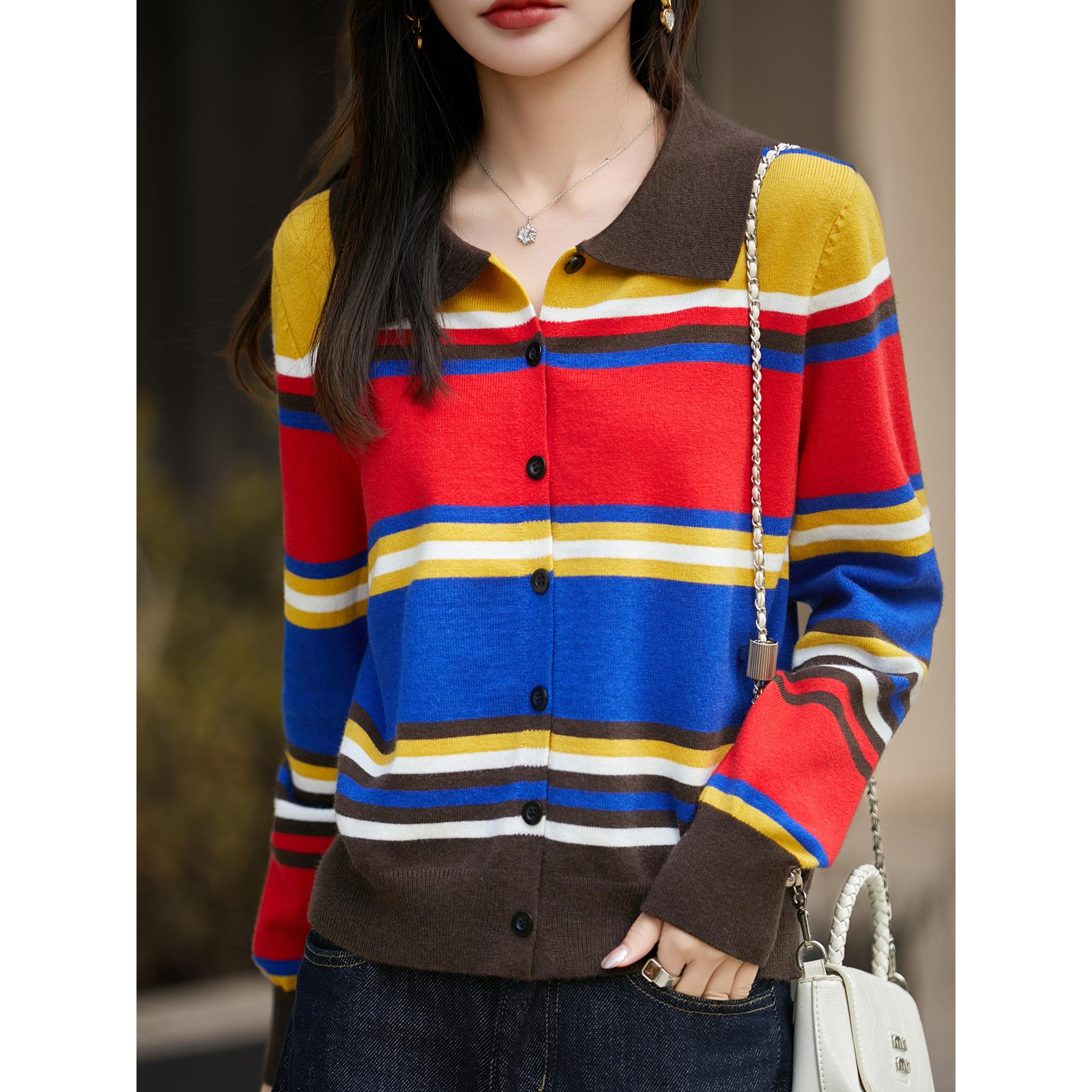 ROUMIKL法式覆古撞色条纹POLO翻领针织开衫女2025新款长袖显瘦毛