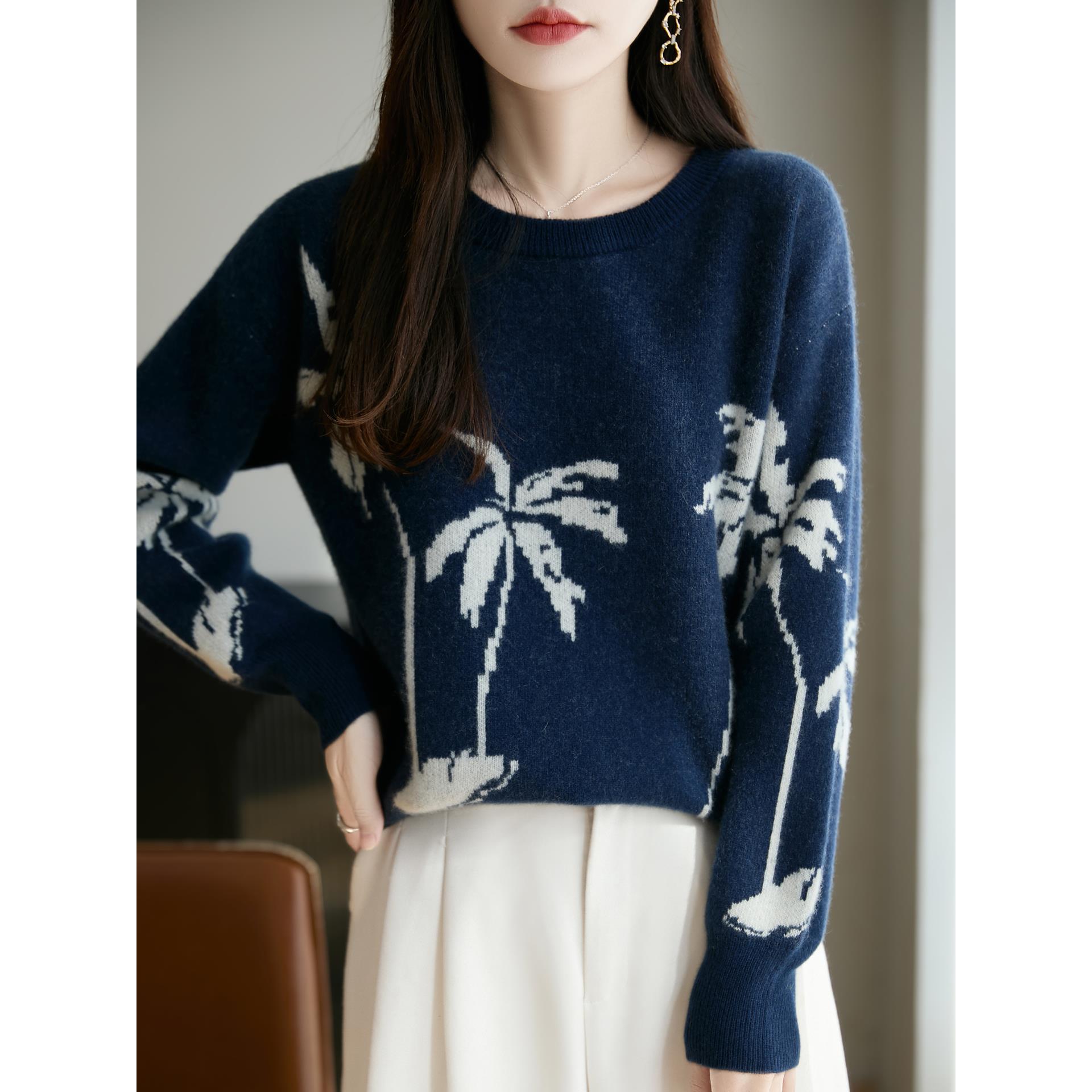 ROUMIKL慵懒风藏蓝色椰树提花100纯针织衫女新款法式加厚保暖打底