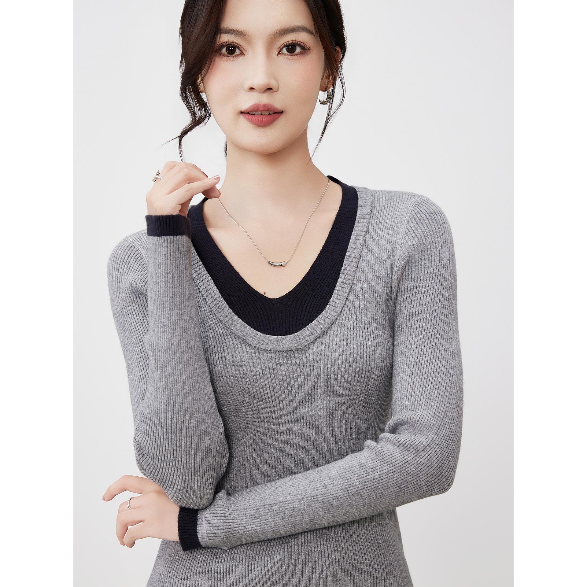 ROUMIKL法式设计感撞色假两件针织衫女2025新款修身显瘦长袖打底