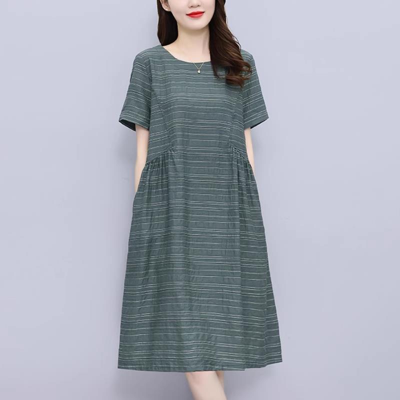 RIERA条纹连衣裙女短袖2025新款夏季气质大码显瘦小个子妈妈风裙