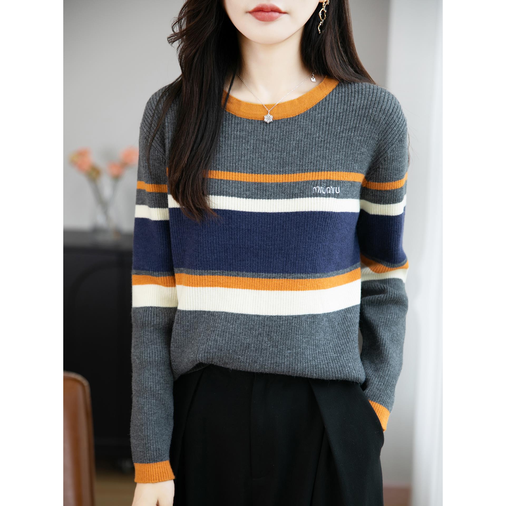 ROUMIKL法式撞色条纹针织衫女2025秋冬新款显瘦拼色设计感保暖打