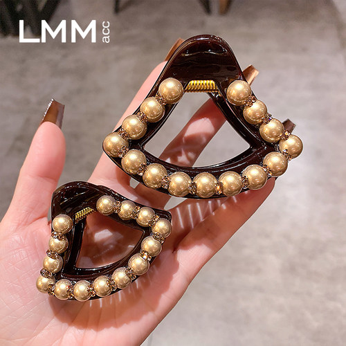 韩版香槟珍珠镶钻鲨鱼夹发量少