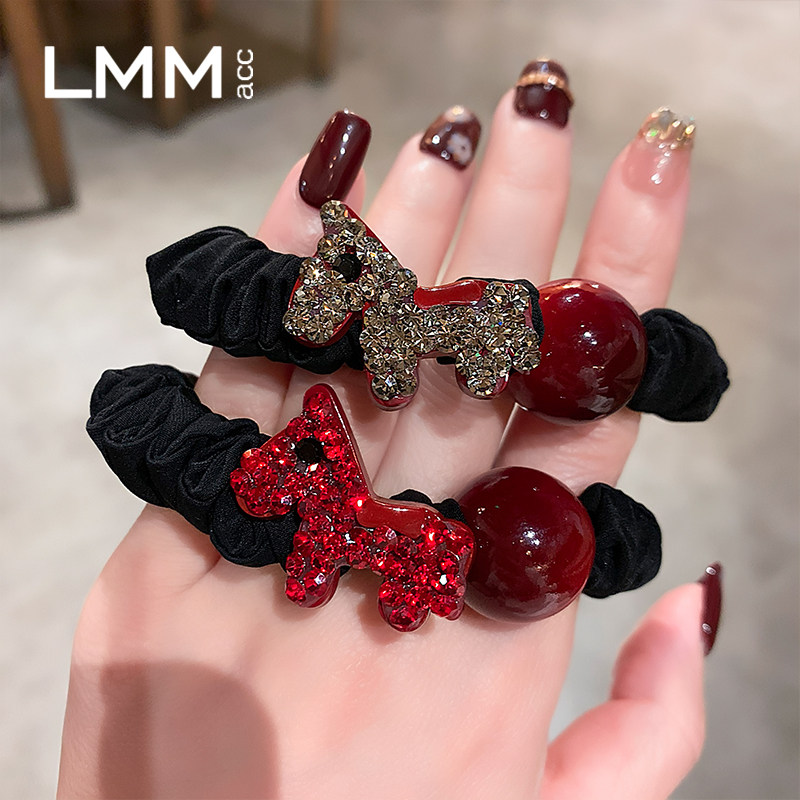 高级感珍珠扎头花新款盘丸子头绳皮筋头饰本命年镶钻小马发圈女