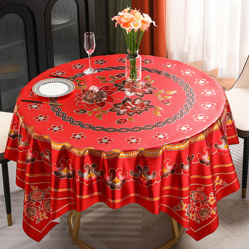 红色新年桌布防水防油防烫免洗pvc垫酒店餐厅大圆桌圆形餐桌台布