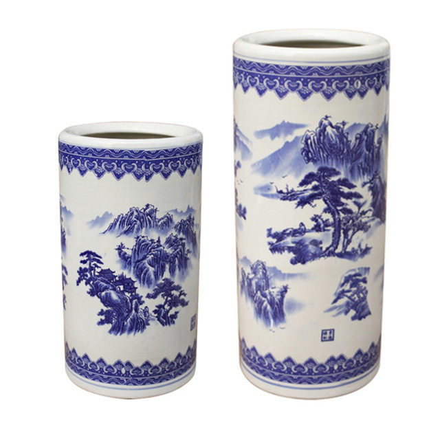陶瓷花瓶瓷器花插 青花瓷箭筒山水图书字画 帽筒雨伞桶