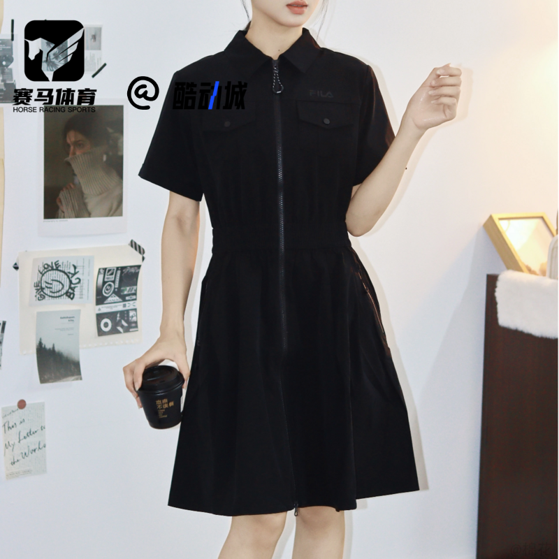 FILA斐乐 黑色女子时尚个性休闲梭织短袖连衣裙F11W529301F-BK