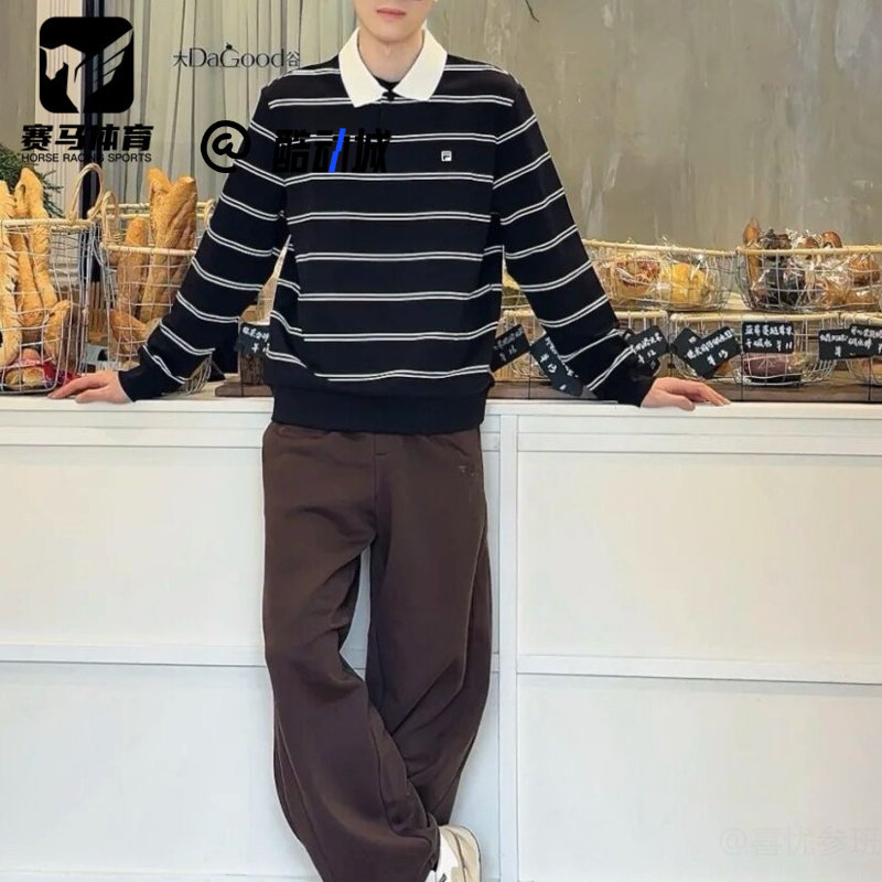 FILA斐乐传奇蓝男子经典复古时尚舒适条纹圆领卫衣F11M618219FNV
