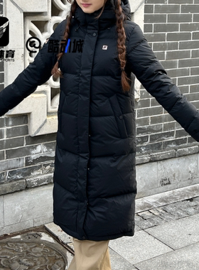 FILA斐乐Fitness ATHLETICS黑色女中长款保暖羽绒服A11W141916FBK