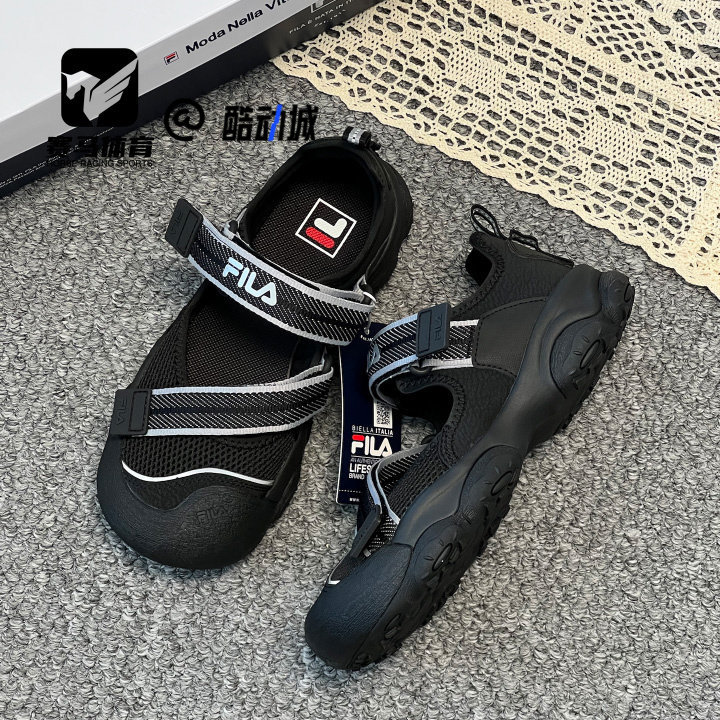 斐乐猫爪7黑色魔术贴沙滩凉鞋